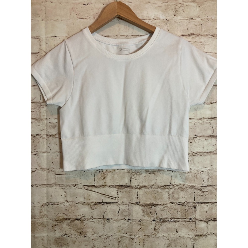 Offline By Aerie Crop Top Womens Large White Stretchy Athletic Ribbed Trim